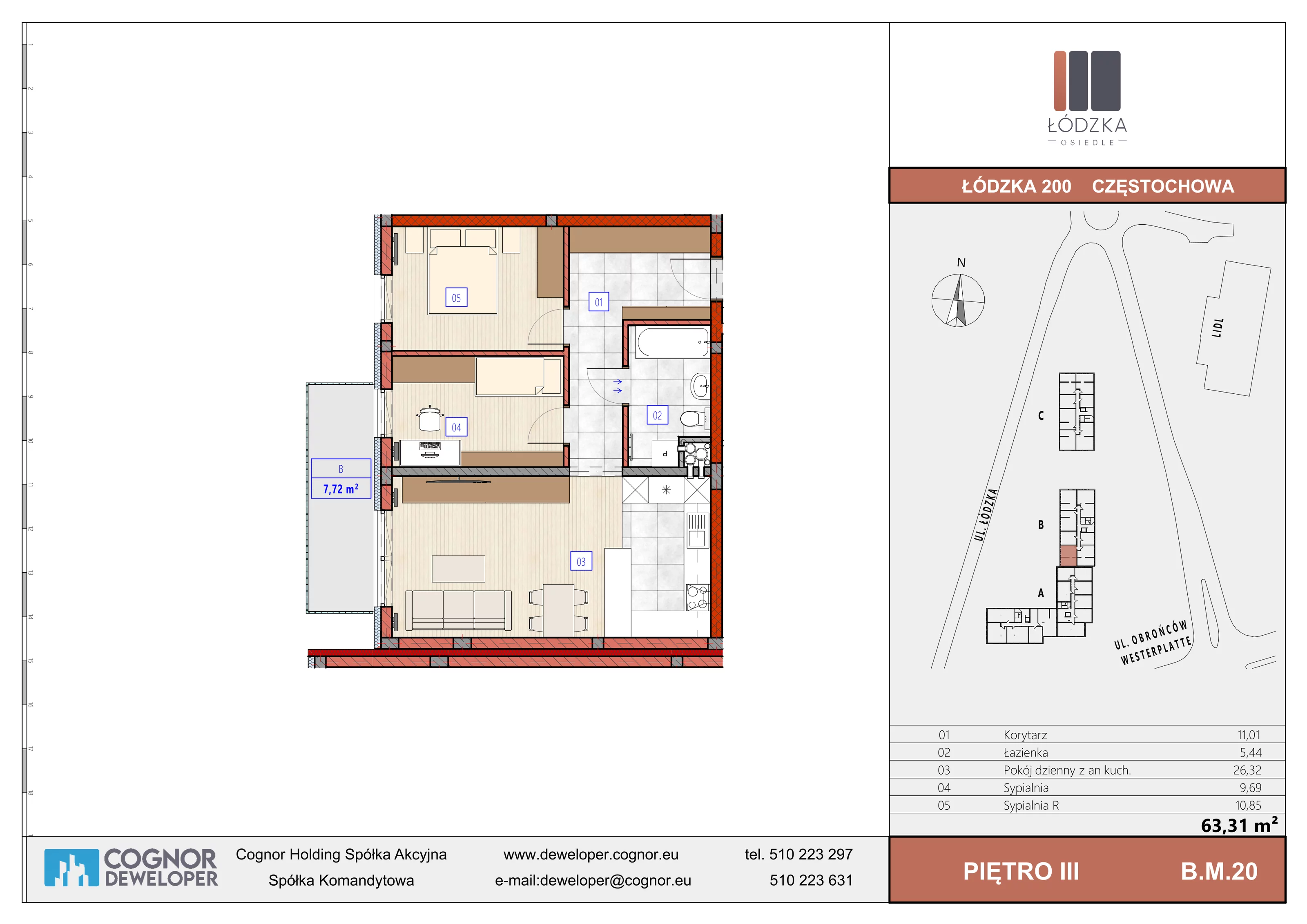 Mieszkanie 63,31 m², piętro 3, oferta nr B.M.20, Łódzka Osiedle, Częstochowa, Częstochówka-Parkitka, ul. Łódzka 198, 200, 202